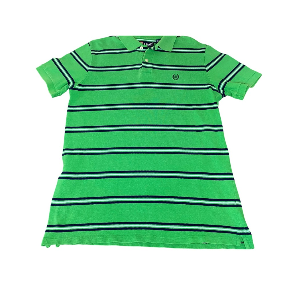 Chaps Mens Polo Shirt Medium Green Navy White Striped Short Sleeve Y2K Cotton